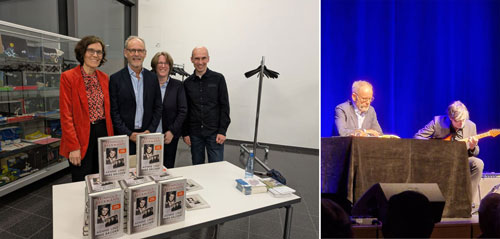 Lesung mit Reinhold Beckmann in Gescher Bildkollage mit den Teilnehmern Reinhold Beckmann, Gitarrist Johannes Wennrich, Petra Heermann von Ihr Buchladen